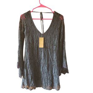 NEW Francesca’s Dress Blue Lace Long Trumpet/Bell Sleeve Lined Tunic NWT XS